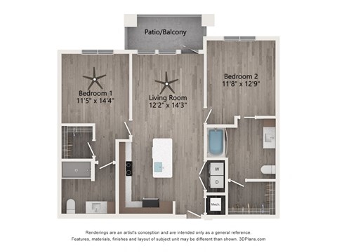 Floor plan for 2 beds, 2 baths, 1061 sqft